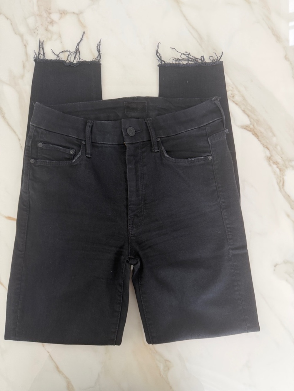 MOTHER Black High-Rise Skinny Frayed Hem Women’s Jeans